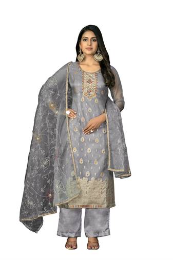 Women's grey unstitched banarasi jari weaving work organza jacquard dress material 