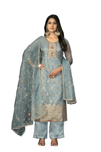 Women's sea green unstitched banarasi jari weaving work organza jacquard dress material 