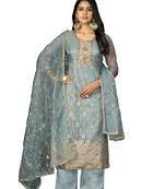 Women's sea green banarasi jari weaving work organza jacquard dress material