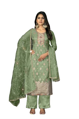 Women's green unstitched banarasi jari weaving work organza jacquard dress material 