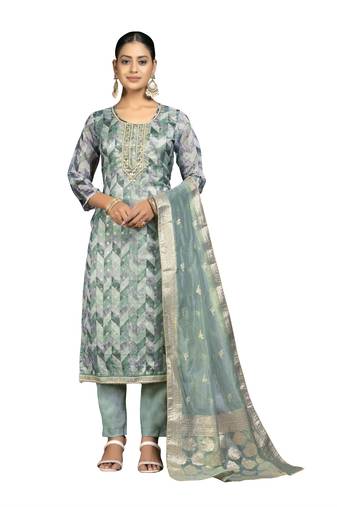 Women's multi unstitched handwork  organza jacquard dress material 