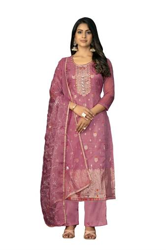Women's pink unstitched handwork  organza jacquard dress material 