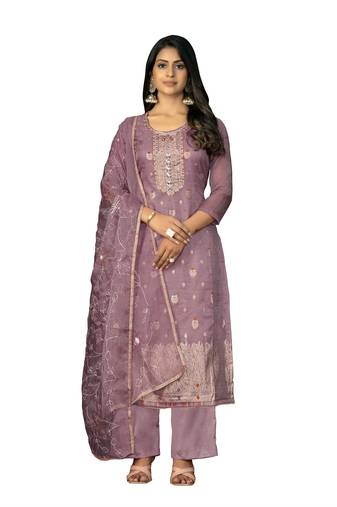 Women's purple unstitched handwork  organza jacquard dress material 