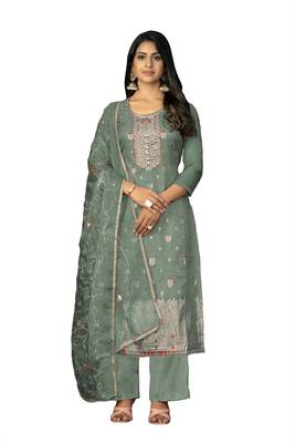 Women's sea green handwork organza jacquard dress material 1