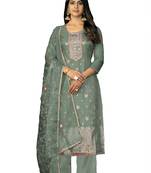 Women's sea green unstitched handwork organza jacquard dress material