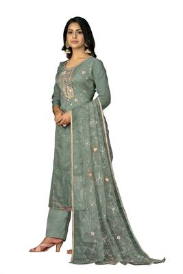 Women's sea green handwork organza jacquard dress material 2