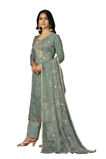 Women's sea green handwork organza jacquard dress material