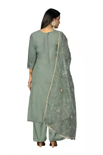 Women's sea green handwork organza jacquard dress material