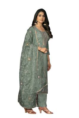 Women's sea green handwork organza jacquard dress material 4