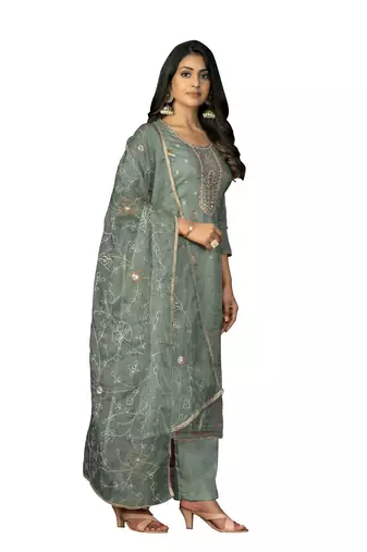 Women's sea green handwork organza jacquard dress material