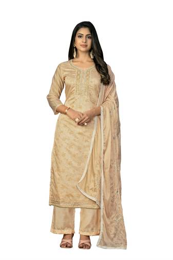 Women's beige unstitched digital print work cotton jacquard dress material 