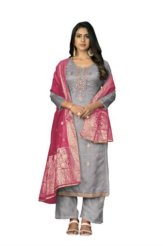 Women's grey unstitched handwork work organza jacquard dress material 