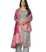 Women's grey unstitched handwork work organza jacquard dress material