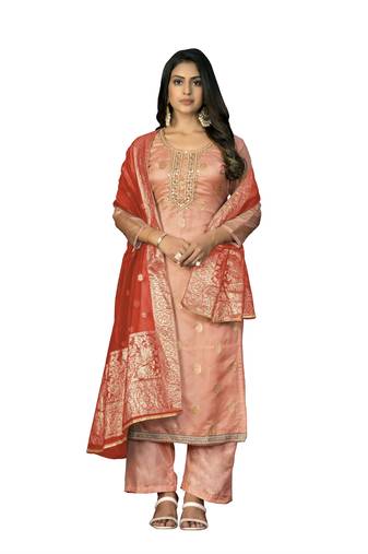 Women's peach unstitched handwork work organza jacquard dress material 