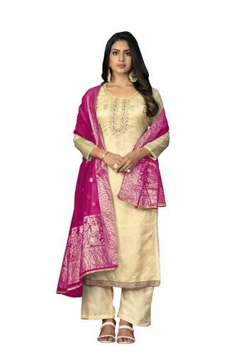 Women's yellow unstitched handwork work organza jacquard dress material 