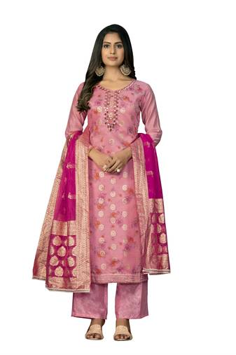 Women's pink unstitched digital print cotton jacquard dress material 