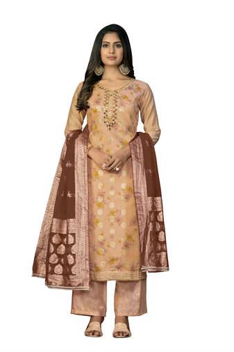 Women's peach unstitched digital print cotton jacquard dress material 