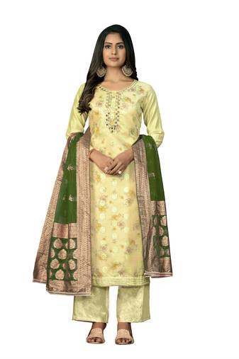 Women's yellow unstitched digital print cotton jacquard dress material 