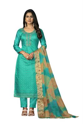 Women's sea green hand work modal cotton jacquard dress material 1