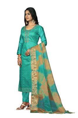 Women's sea green hand work modal cotton jacquard dress material 2