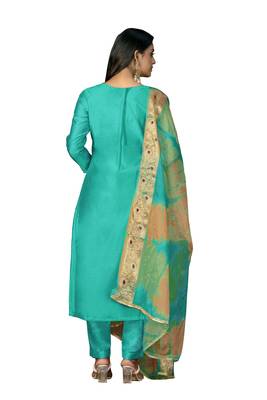 Women's sea green hand work modal cotton jacquard dress material 3