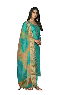 Women's sea green hand work modal cotton jacquard dress material 4