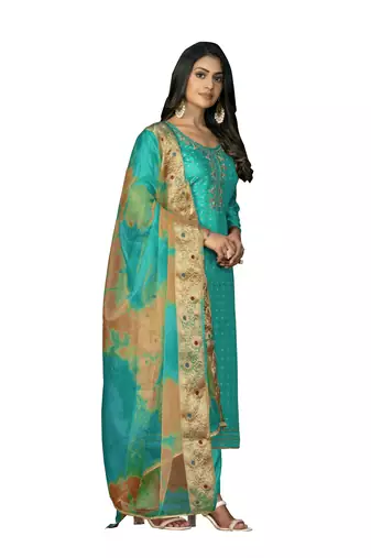 Women's sea green hand work modal cotton jacquard dress material