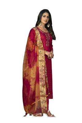 Women's pink hand work modal cotton jacquard dress material 4