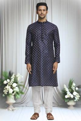 Blue silk blend diamond crest pattern kurta set for men 1