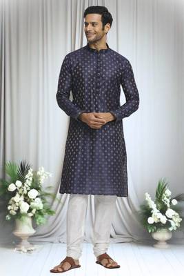 Blue silk blend diamond crest pattern kurta set for men 2