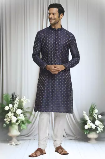 Blue silk blend diamond crest pattern kurta set for men