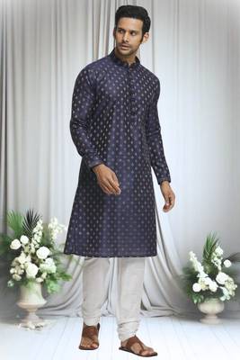 Blue silk blend diamond crest pattern kurta set for men 3