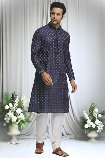 Blue silk blend diamond crest pattern kurta set for men