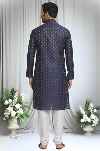 Blue silk blend diamond crest pattern kurta set for men