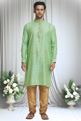 Green silk blend bullian leaf pattern kurta set for men 1