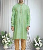 Green silk blend bullian leaf pattern kurta set for men