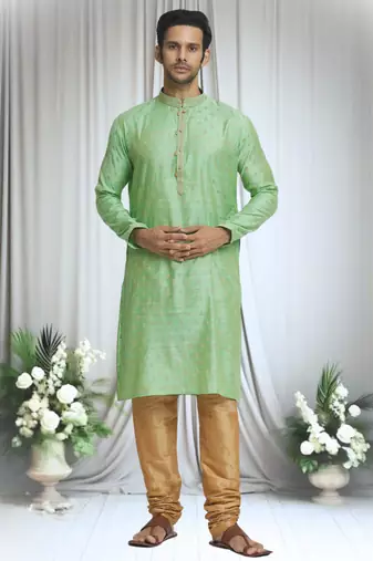 Green silk blend bullian leaf pattern kurta set for men