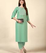 Pista  embroidery work  cotton rayon slub based  aline kurti  womens kurti set