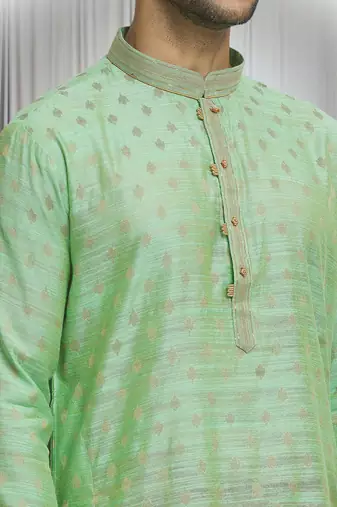 Green silk blend bullian leaf pattern kurta set for men