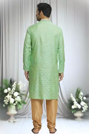 Green silk blend bullian leaf pattern kurta set for men