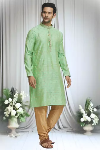Green silk blend bullian leaf pattern kurta set for men