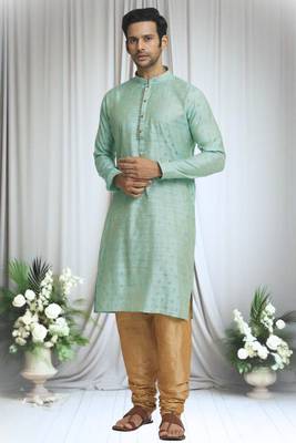 Green silk blend bud motif pattern kurta set for men 1