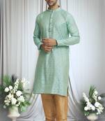 Green silk blend bud motif pattern kurta set for men