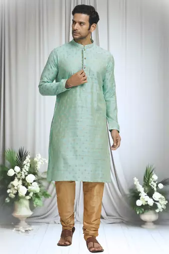 Green silk blend bud motif pattern kurta set for men