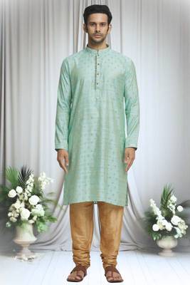 Green silk blend bud motif pattern kurta set for men 3