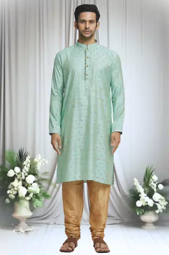 Green silk blend bud motif pattern kurta set for men