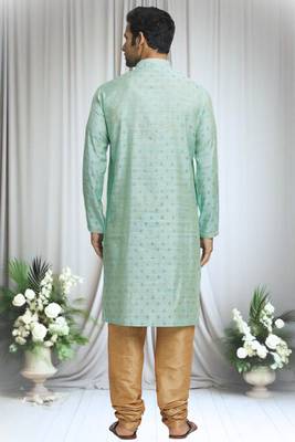 Green silk blend bud motif pattern kurta set for men 4
