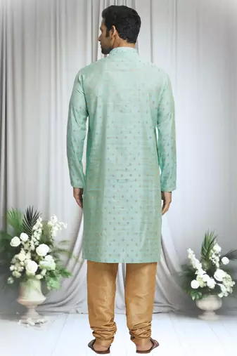 Green silk blend bud motif pattern kurta set for men