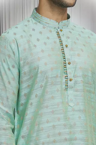 Green silk blend bud motif pattern kurta set for men