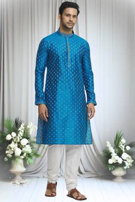 Blue silk blend floral motif pattern kurta set for men 1